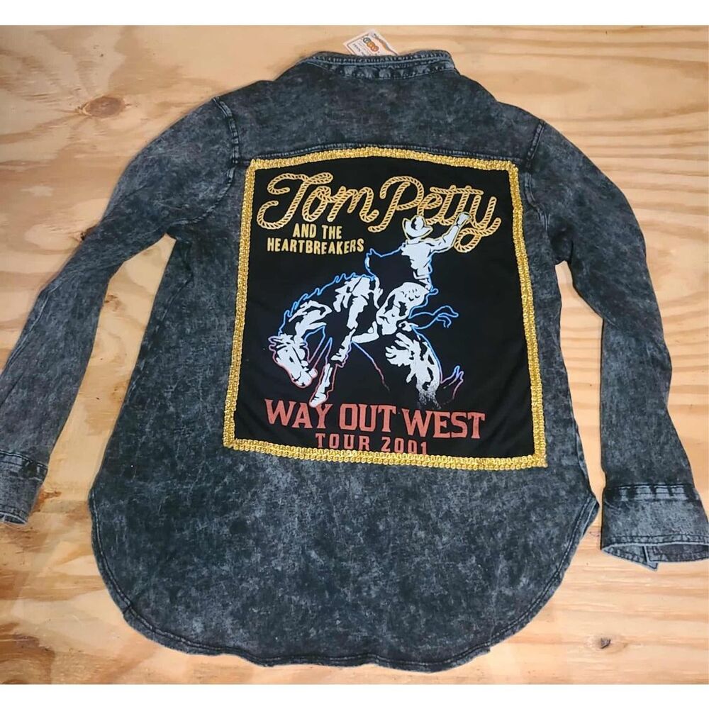 Feelin Groovy Upcycled Button Up Tim Petty Acid Wash Black and Gold Trim Top L